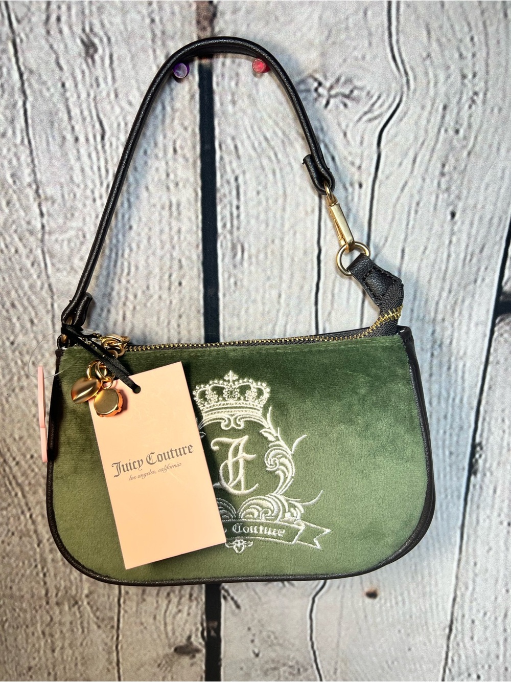 Juicy Couture Olive Green Velvet Mini Shoulder Bag with Gold Accents